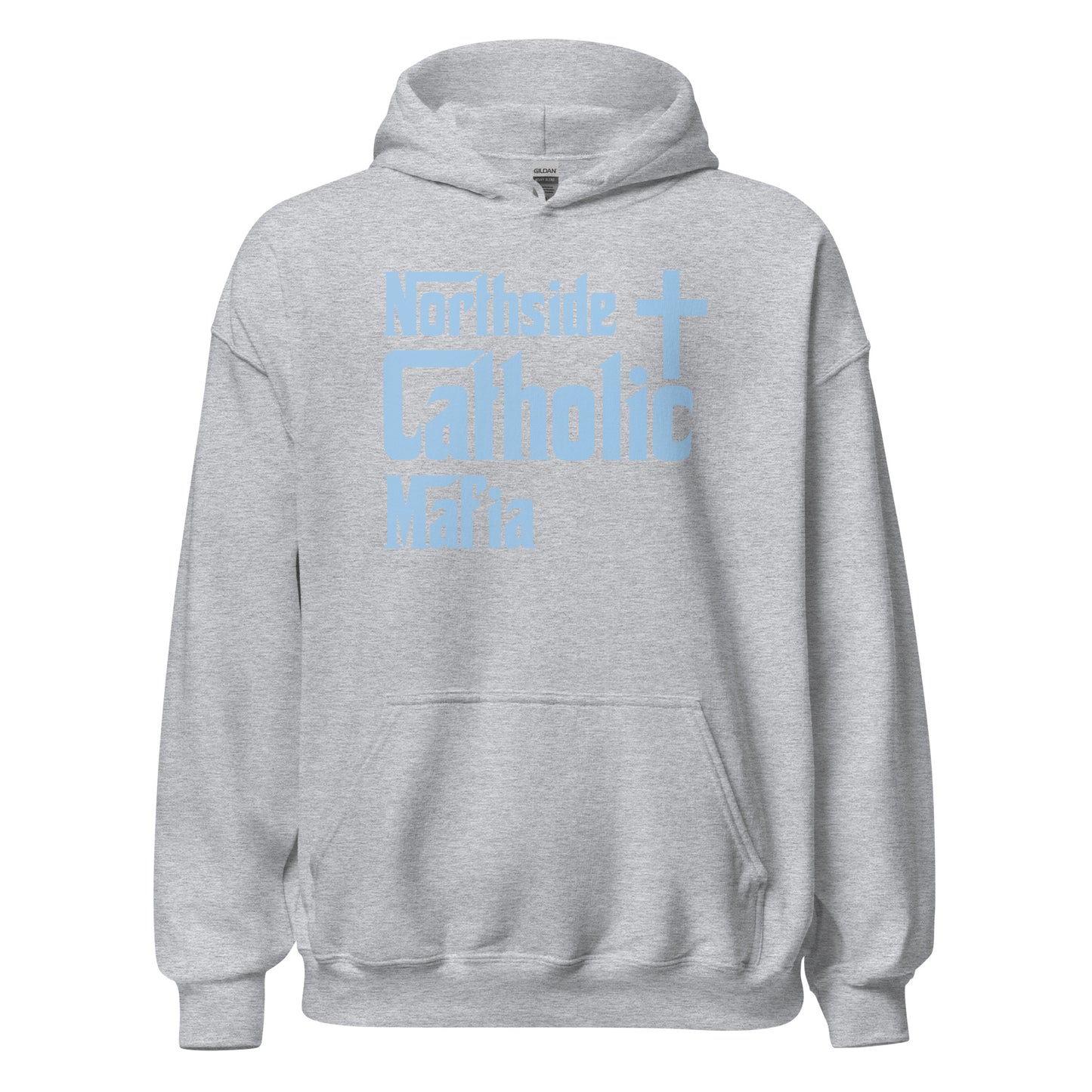 Unisex Hoodie: Northside Catholic Mafia (Baby Blue Font) Click to explore more colors.