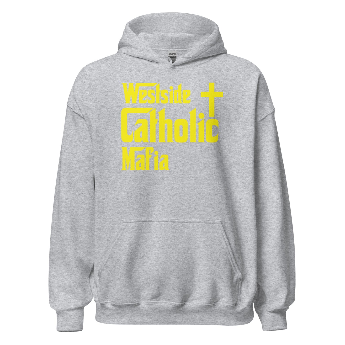 Unisex Hoodie: Westside Catholic Mafia (Yellow Font) Click to explore more colors.