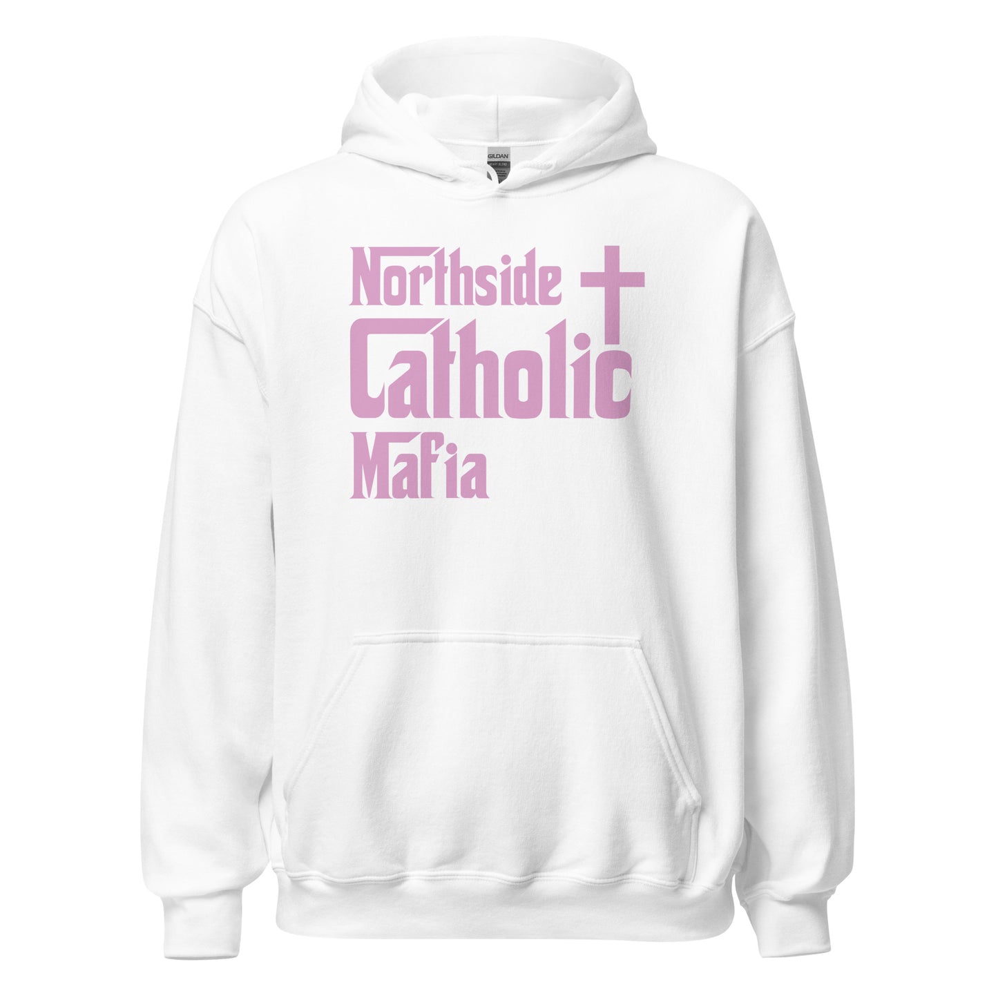 Unisex Hoodie: Northside Catholic Mafia (Pink Font) Click to explore more colors.
