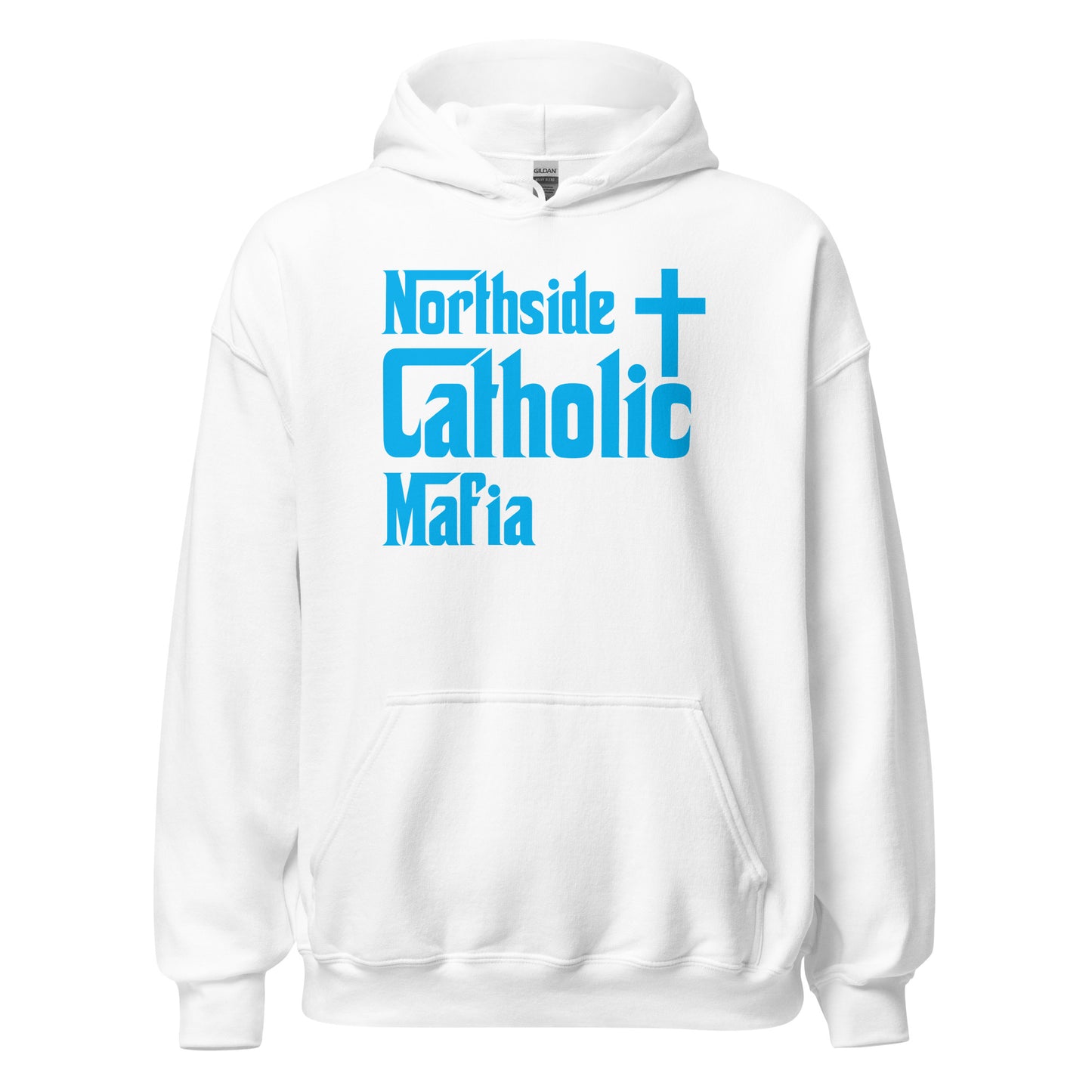 Unisex Hoodie: Northside Catholic Mafia (Teal Font) Click to explore more colors.
