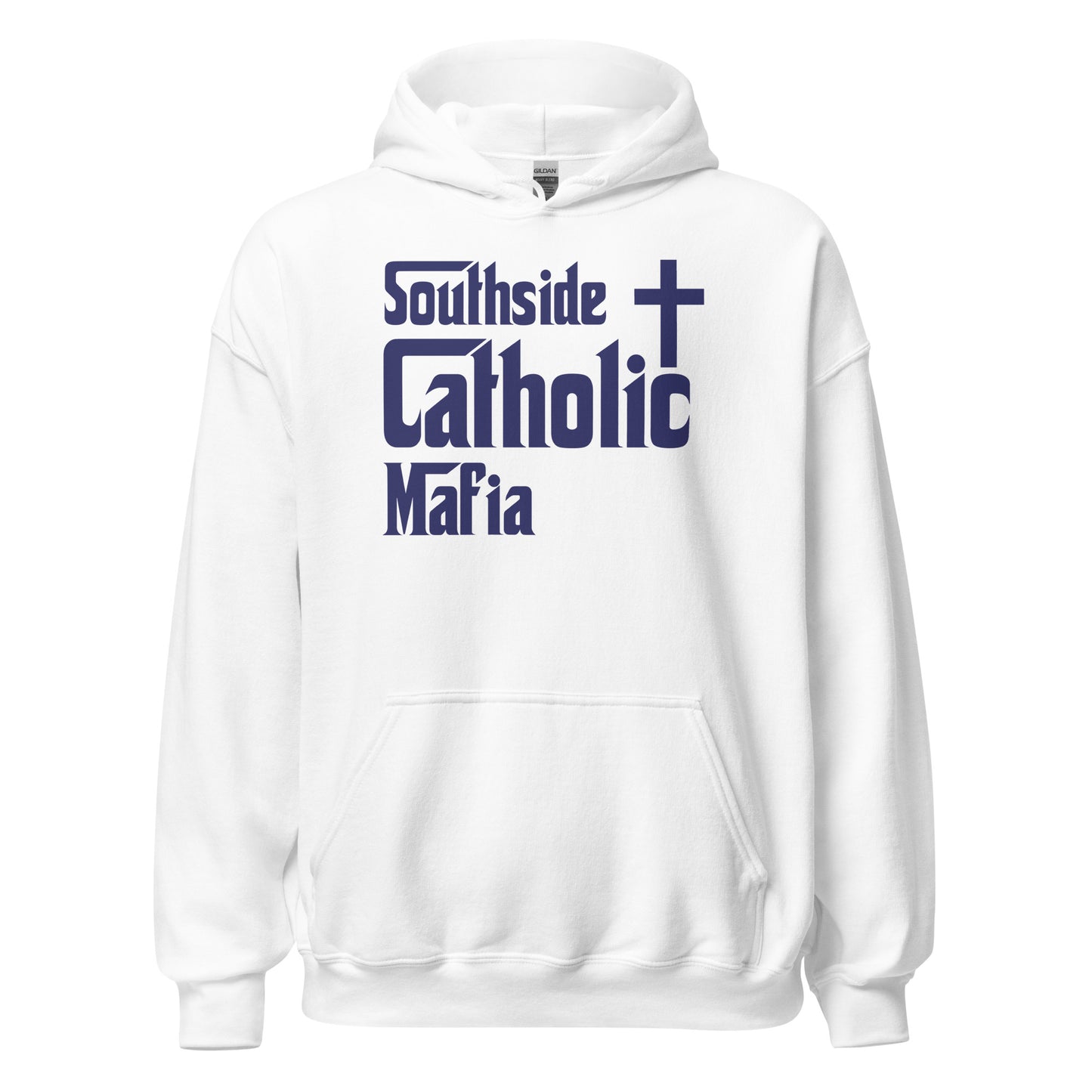 Unisex Hoodie: Southside Catholic Mafia (Navy Blue Font) Click to explore more colors.
