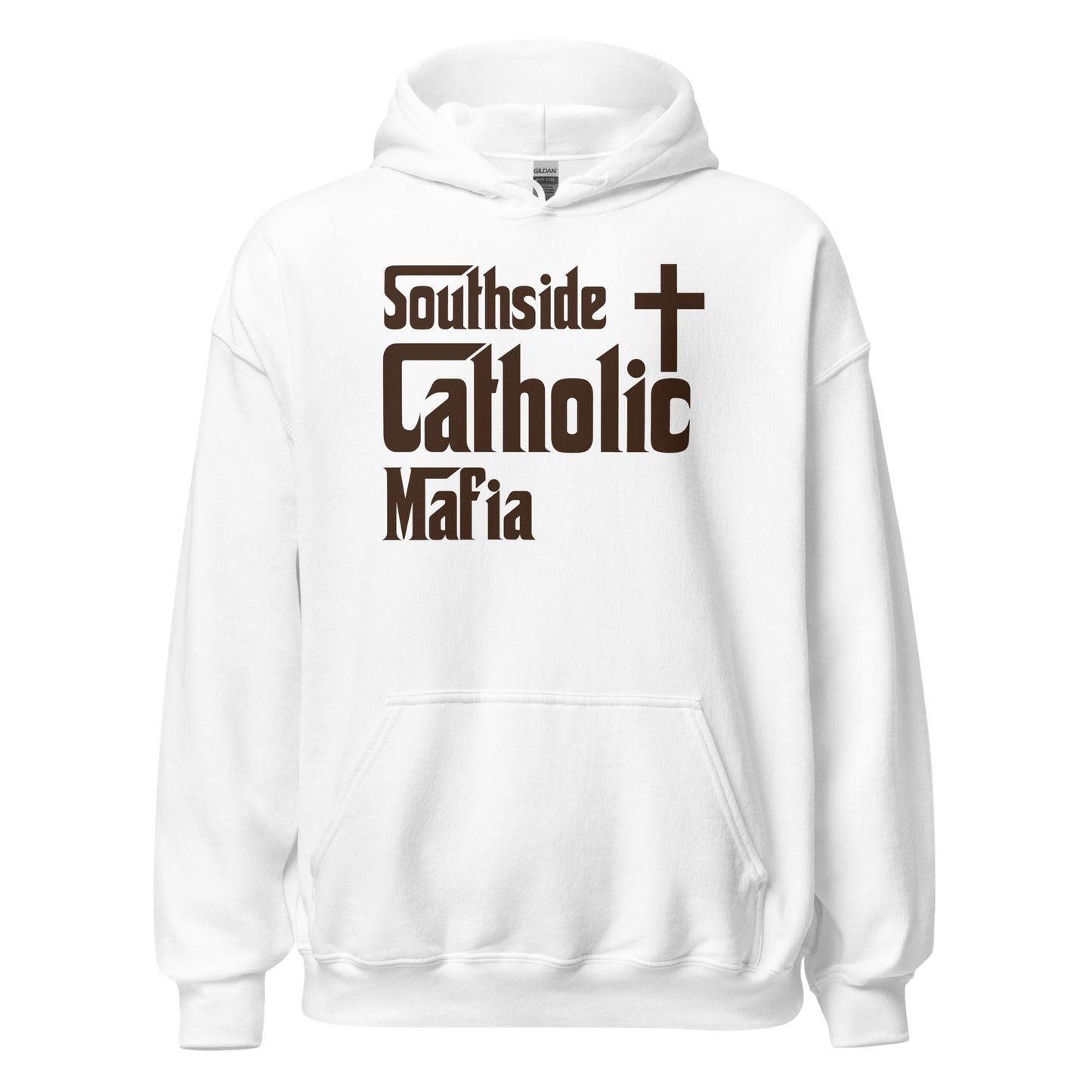 Unisex Hoodie: Southside Catholic Mafia (Brown Font) Click to explore more colors.
