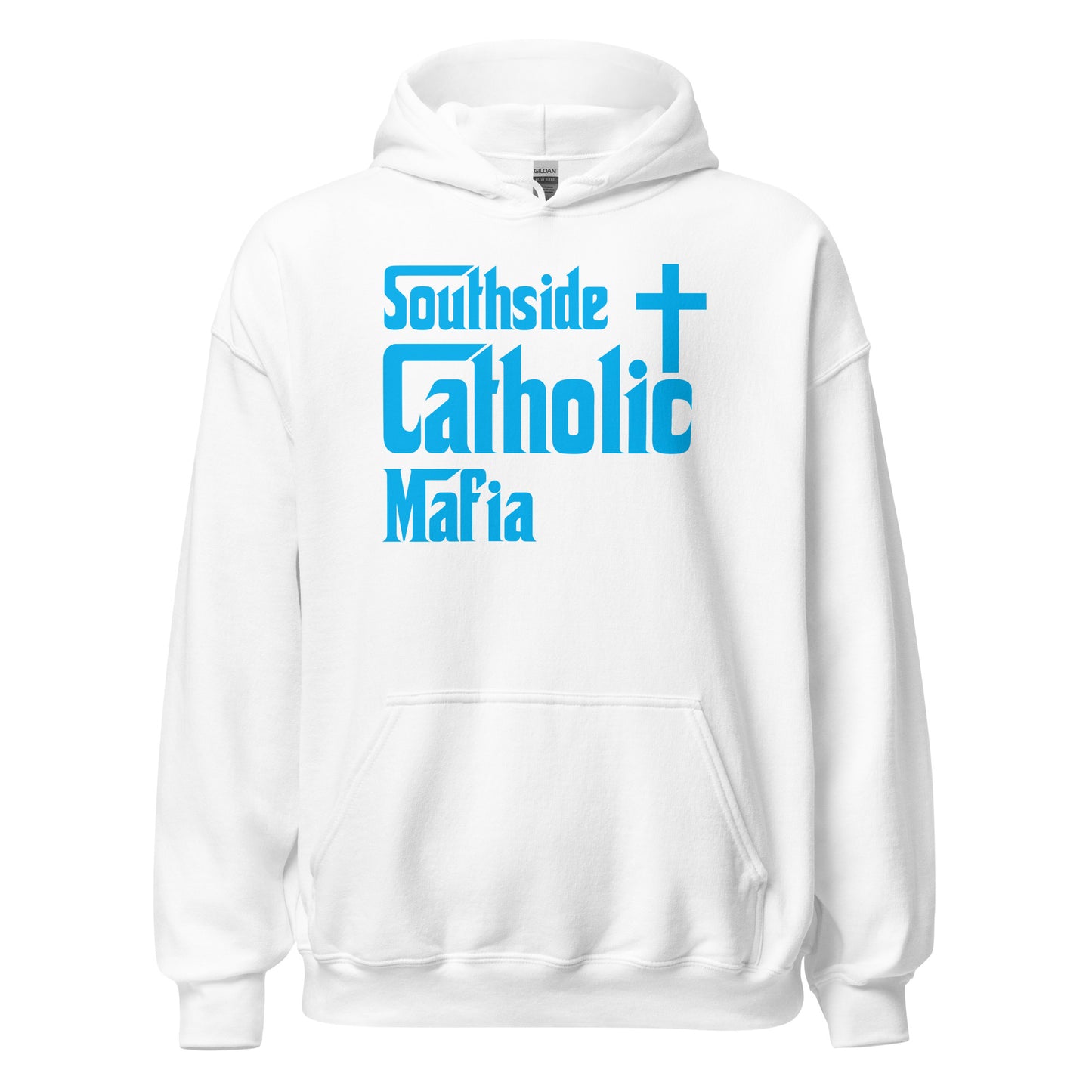 Unisex Hoodie: Southside Catholic Mafia (Teal Font) Click to explore more colors.