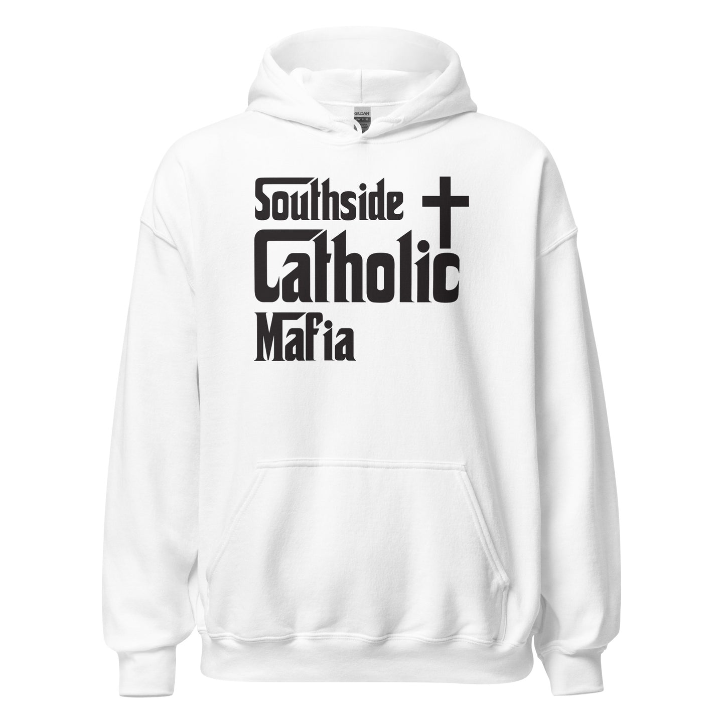 Unisex Hoodie: Southside Catholic Mafia (Black Font) Click to explore more colors.