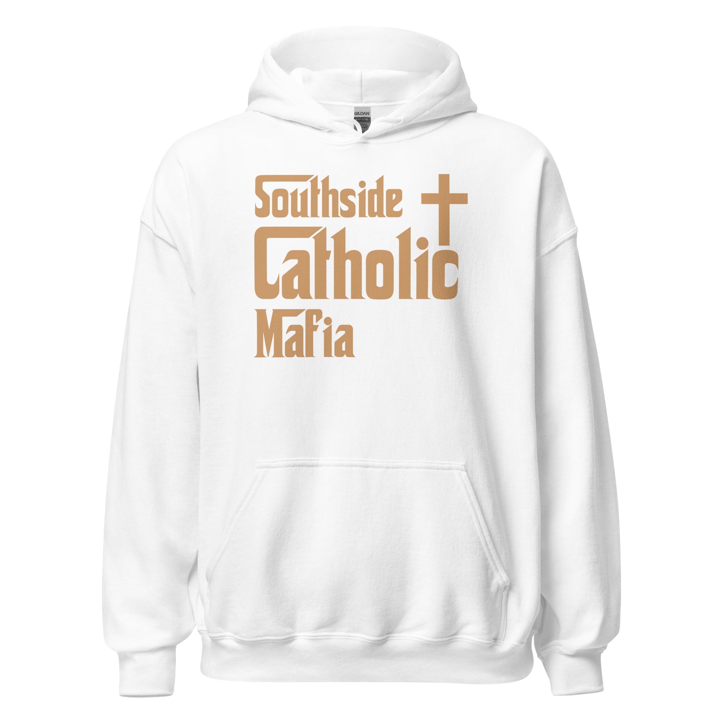 Unisex Hoodie: Southside Catholic Mafia (Tan Font) Click to explore more colors.