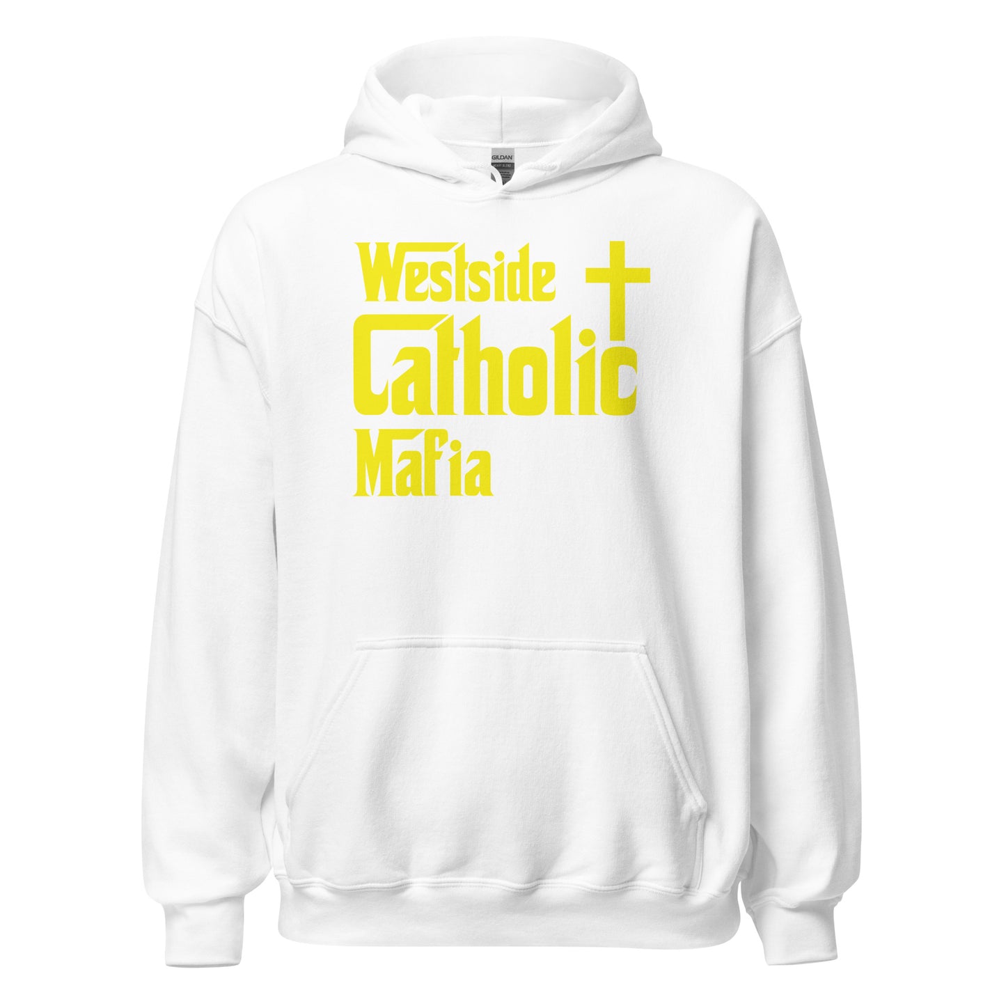 Unisex Hoodie: Westside Catholic Mafia (Yellow Font) Click to explore more colors.