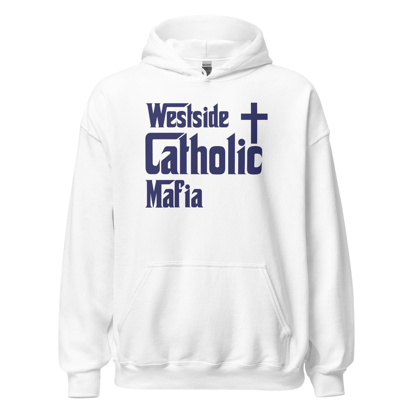 Unisex Hoodie: Westside Catholic Mafia (Navy Blue Font) Click to explore more colors.