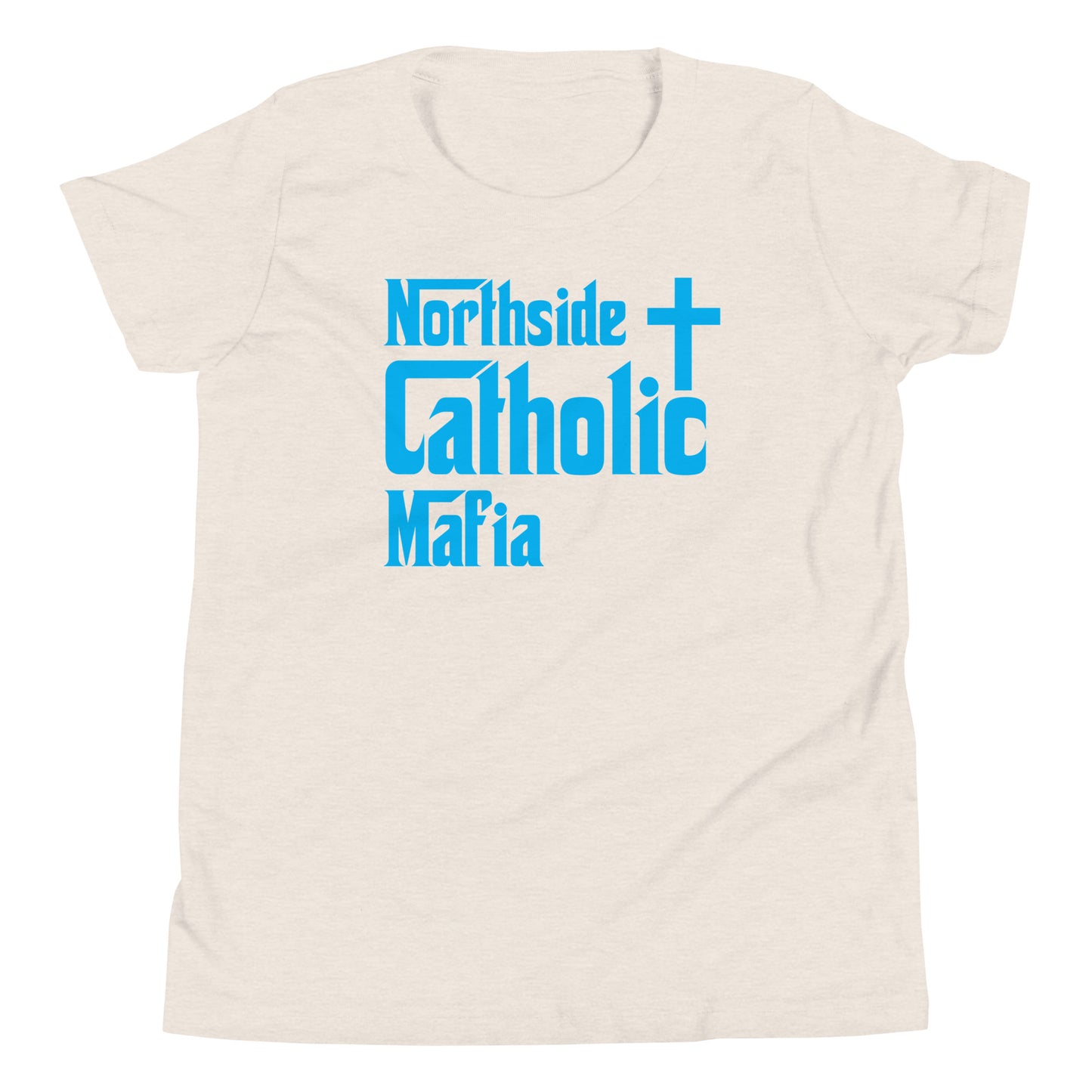 Youth Short Sleeve T-Shirt: Northside Catholic Mafia (Teal Font) Click to explore more colors.