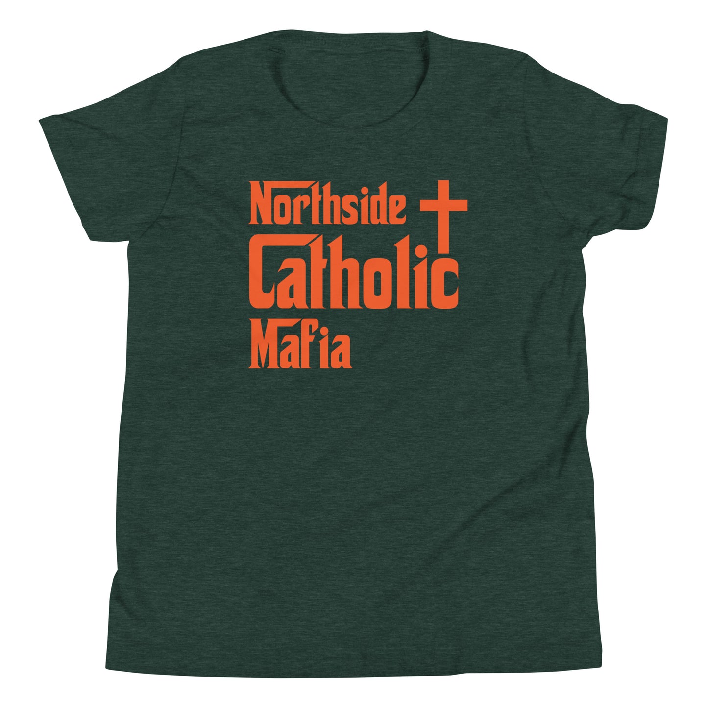 Youth Short Sleeve T-Shirt: Northside Catholic Mafia (Orange Font) Click to explore more colors.
