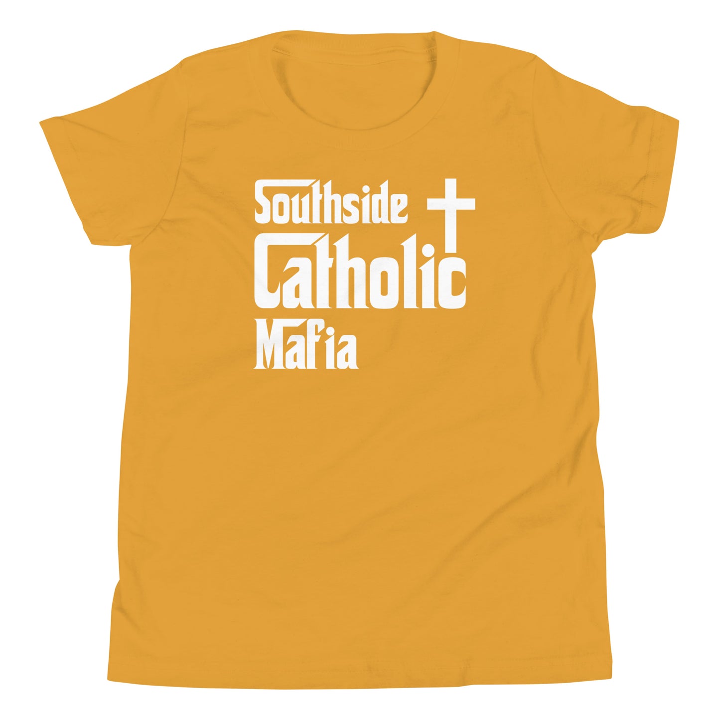 Youth Short Sleeve T-Shirt: Southside Catholic Mafia (White Font) Click to explore more colors.