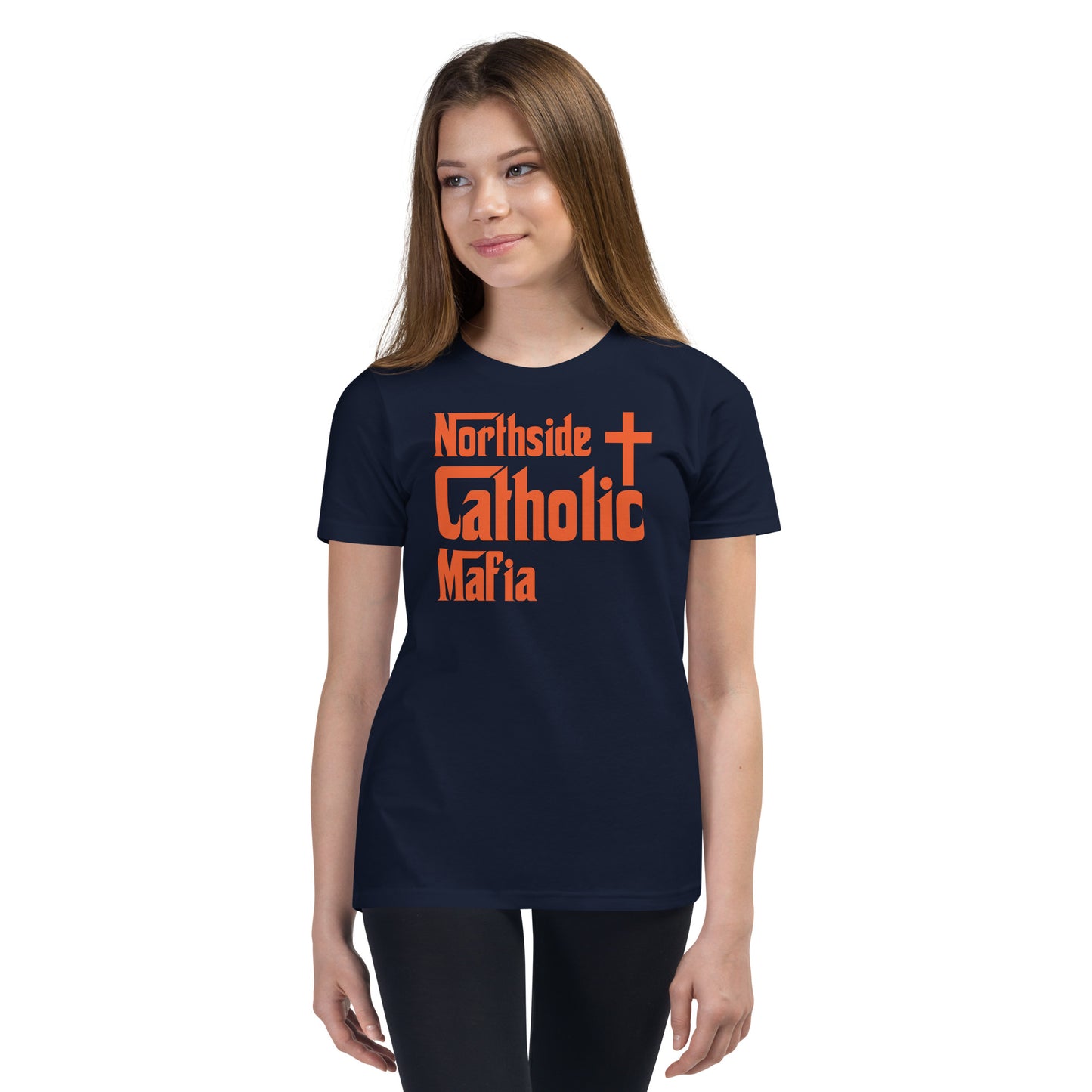 Youth Short Sleeve T-Shirt: Northside Catholic Mafia (Orange Font) Click to explore more colors.