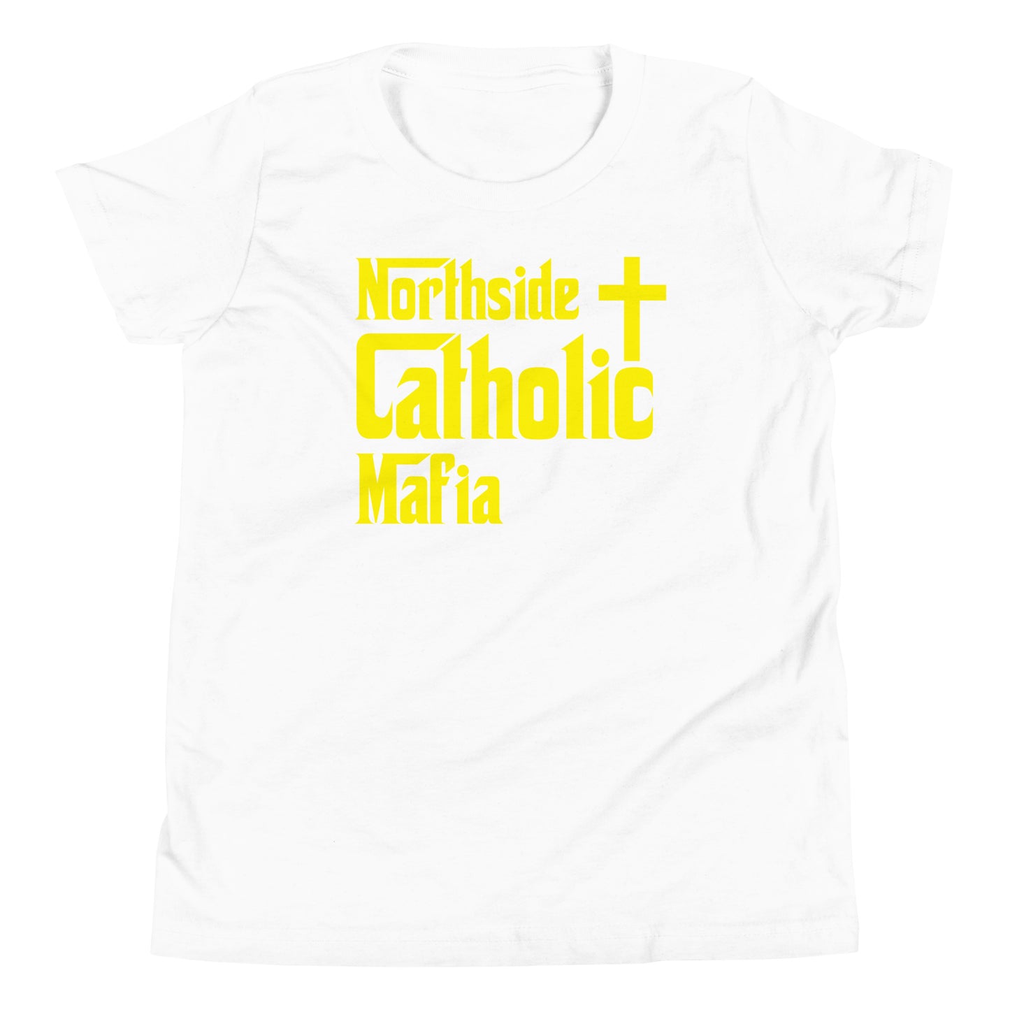 Youth Short Sleeve T-Shirt: Northside Catholic Mafia (Yellow Font) Click to explore more colors.