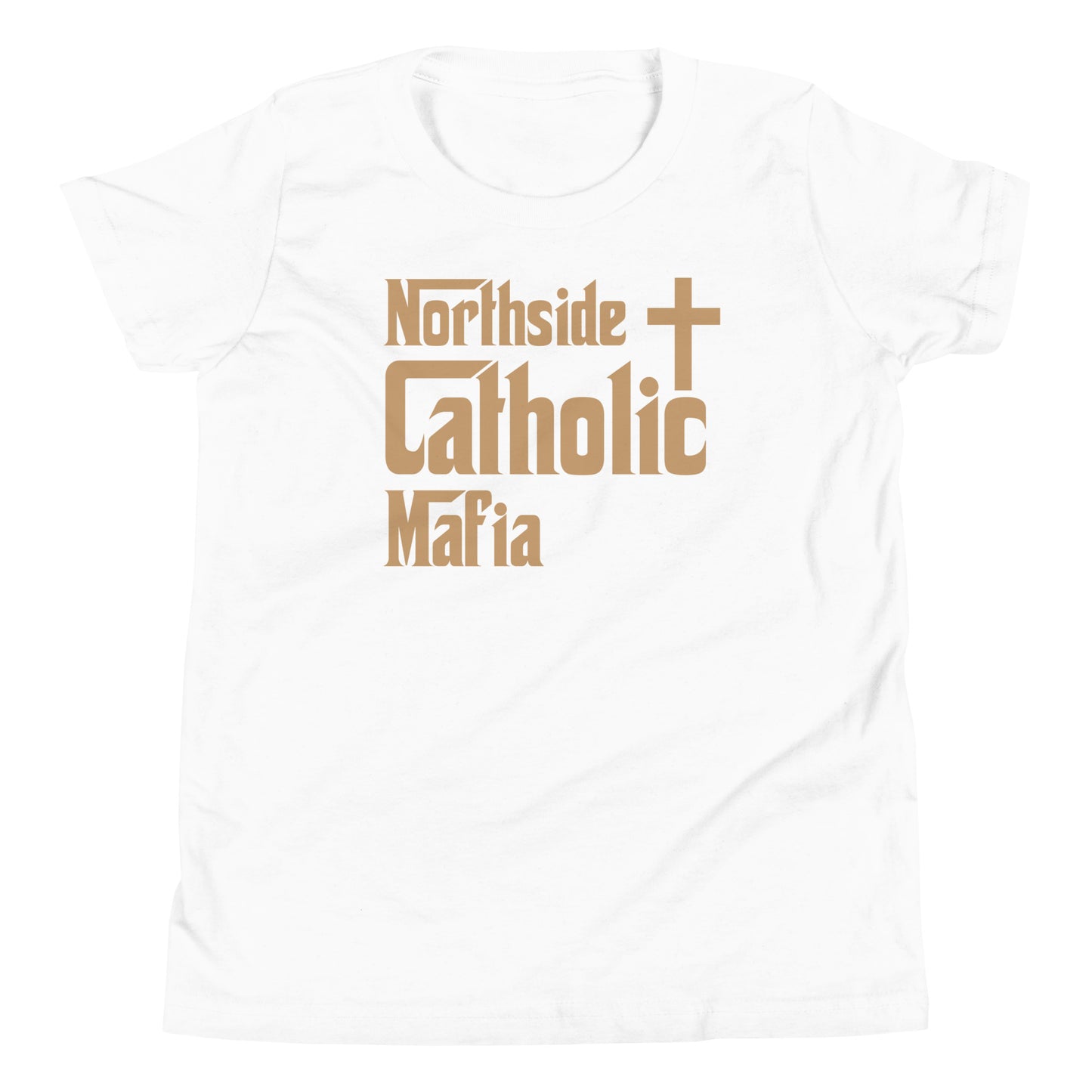 Youth Short Sleeve T-Shirt: Northside Catholic Mafia (Tan Font) Click to explore more colors.
