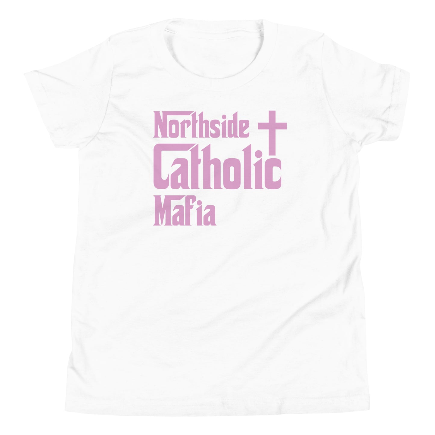 Youth Short Sleeve T-Shirt: Northside Catholic Mafia (Pink Font) Click to explore more colors.