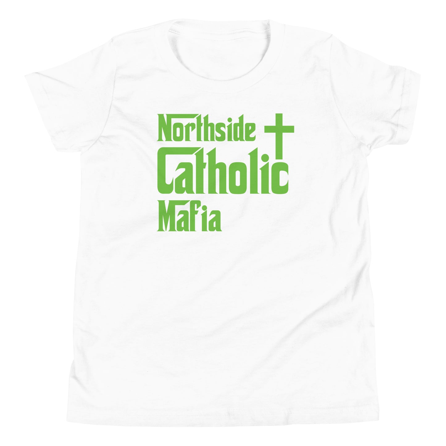Youth Short Sleeve T-Shirt: Northside Catholic Mafia (Lime Green Font) Click to explore more colors.