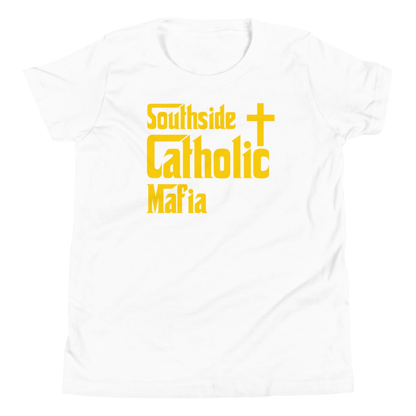 Youth Short Sleeve T-Shirt: Southside Catholic Mafia (Gold Font) Click to explore more colors.