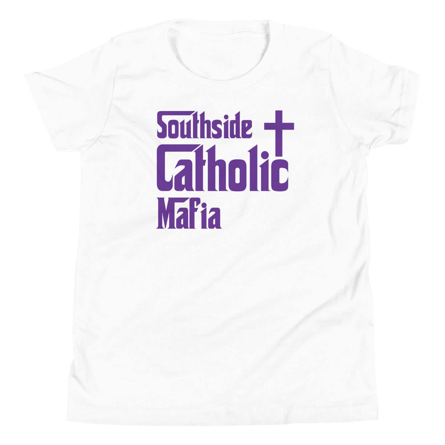 Youth Short Sleeve T-Shirt: Southside Catholic Mafia (Purple Font) Click to explore more colors.