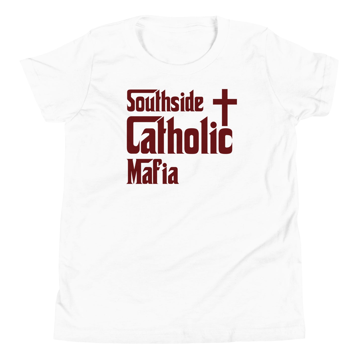 Youth Short Sleeve T-Shirt: Southside Catholic Mafia (Maroon Font) Click to explore more colors.