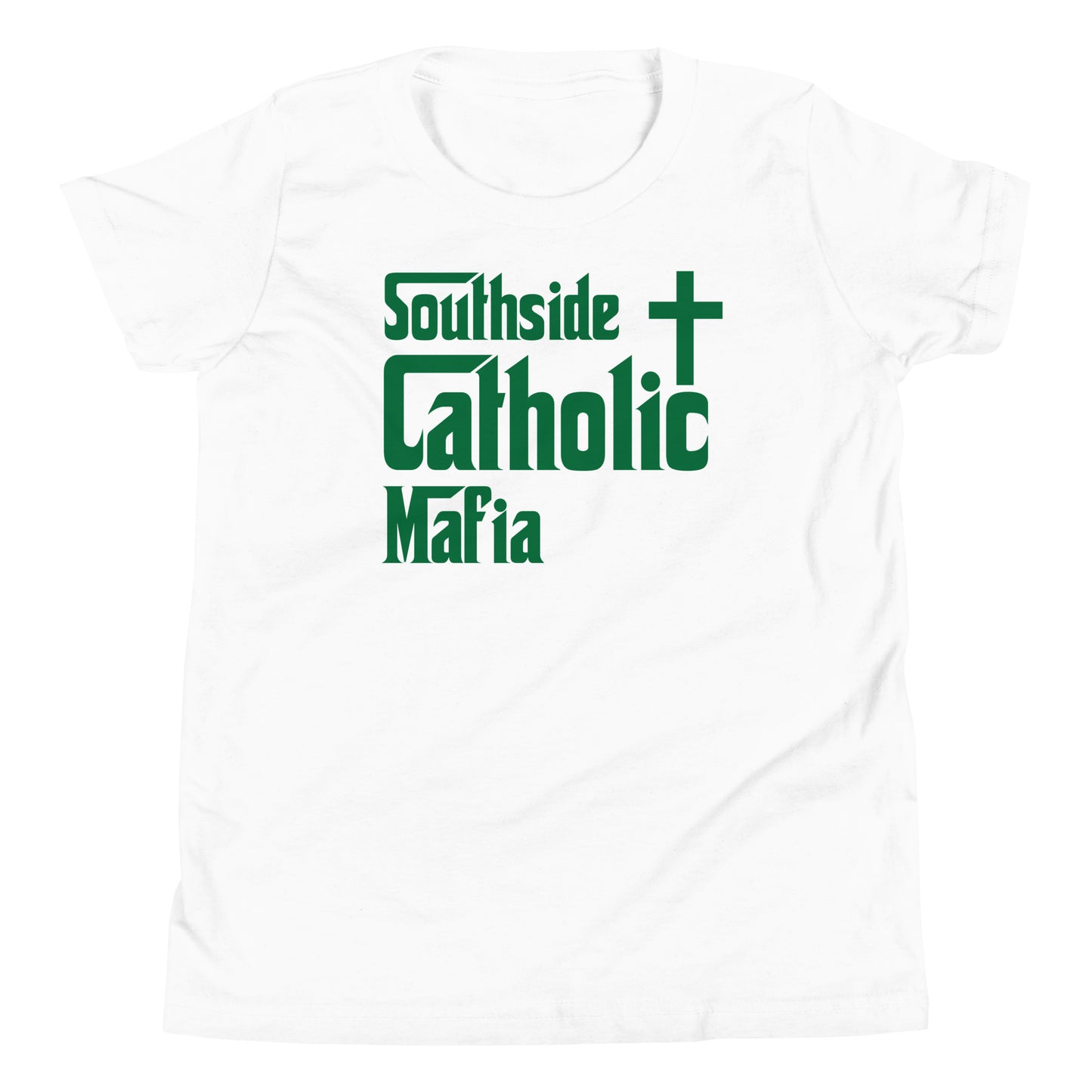 Youth Short Sleeve T-Shirt: Southside Catholic Mafia (Hunter Green Font) Click to explore more colors.