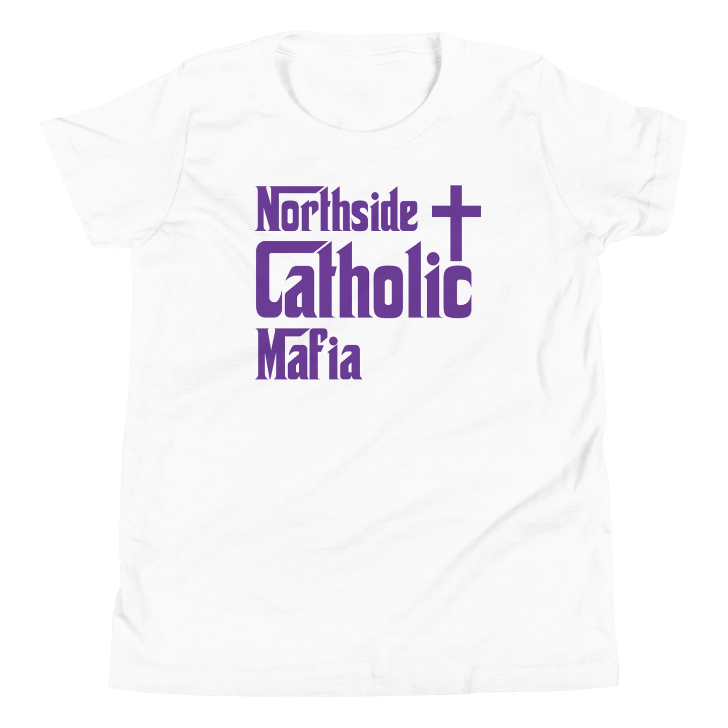 Youth Short Sleeve T-Shirt: Northside Catholic Mafia (Purple Font) Click to explore more colors.