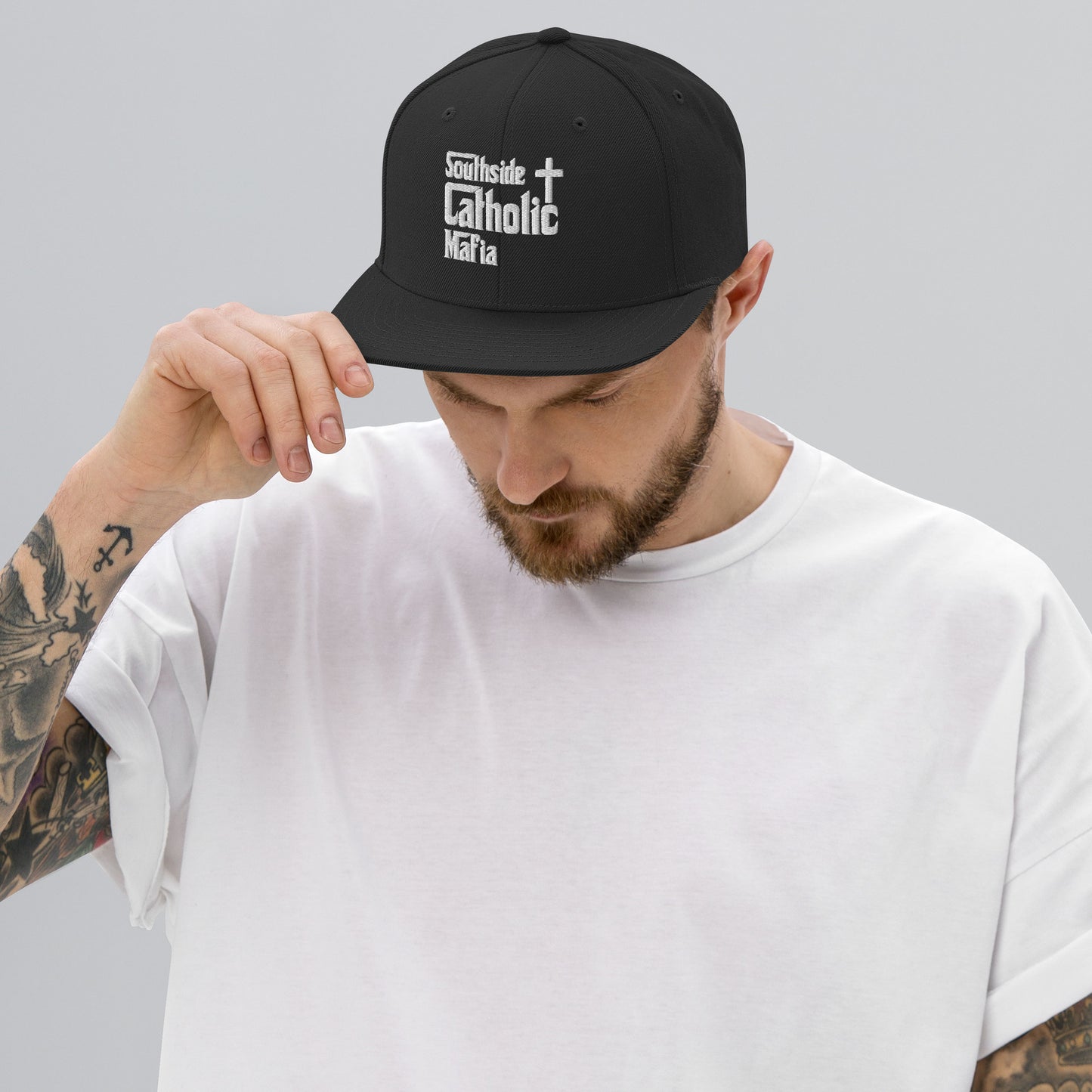 Snapback Hat: Southside Catholic Mafia (White Font) Click to explore more colors.