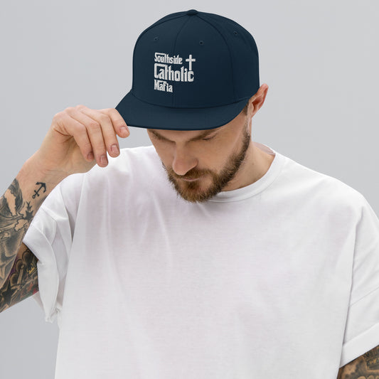 Snapback Hat: Southside Catholic Mafia (White Font) Click to explore more colors.