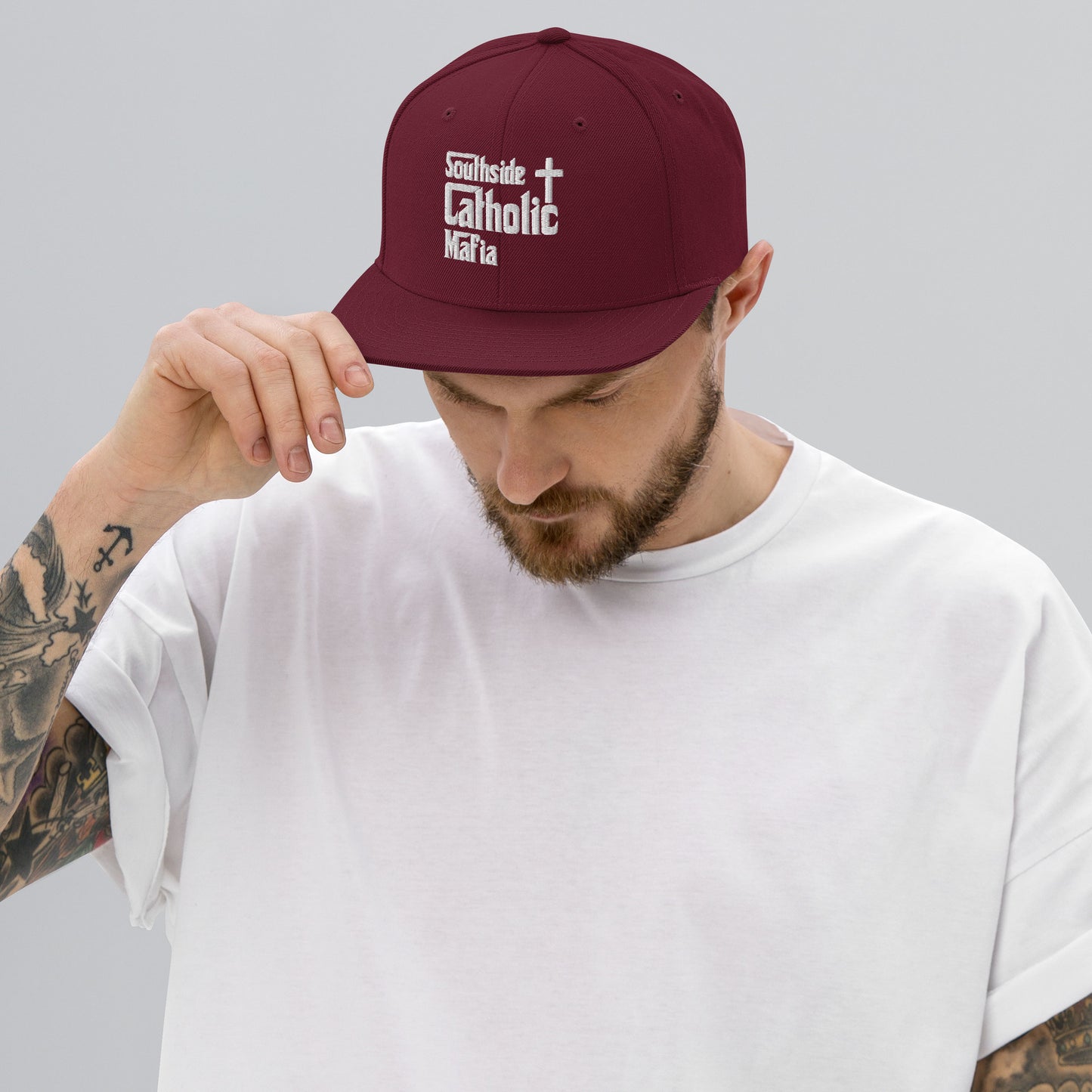 Snapback Hat: Southside Catholic Mafia (White Font) Click to explore more colors.