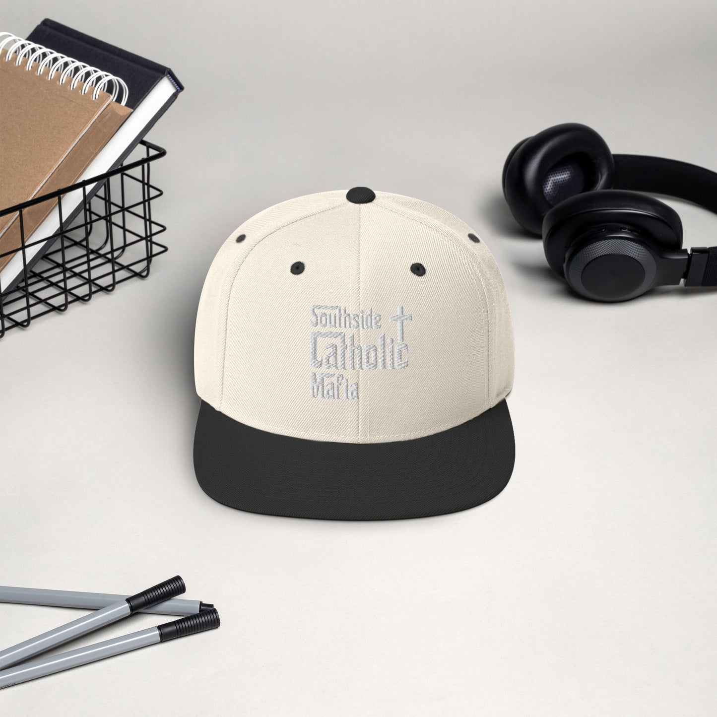 Snapback Hat: Southside Catholic Mafia (White Font) Click to explore more colors.