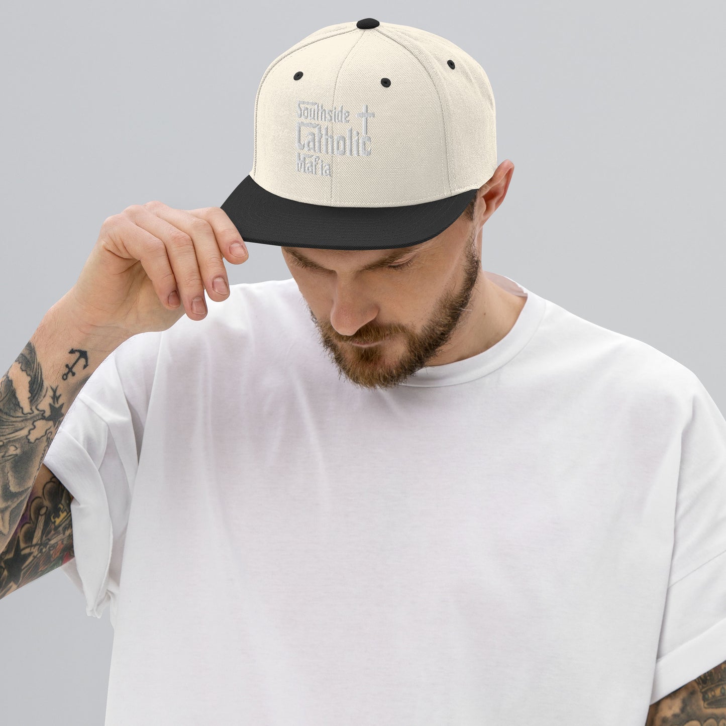 Snapback Hat: Southside Catholic Mafia (White Font) Click to explore more colors.