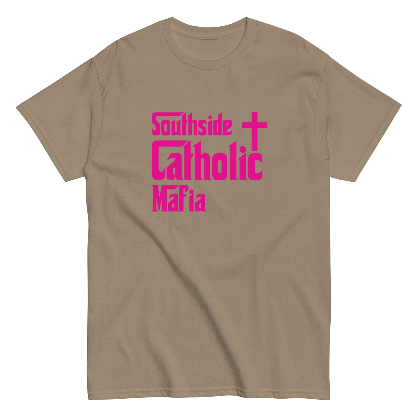 Men's classic tee: Southside Catholic Mafia (Hot Pink Font) Click to explore more colors.