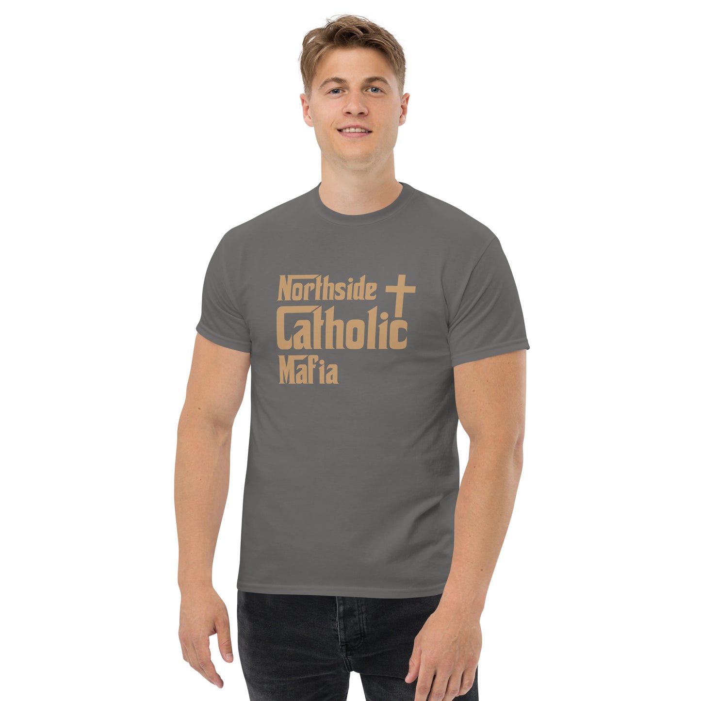 Men's classic tee: Northside Catholic Mafia (Tan Font) Click to explore more colors.