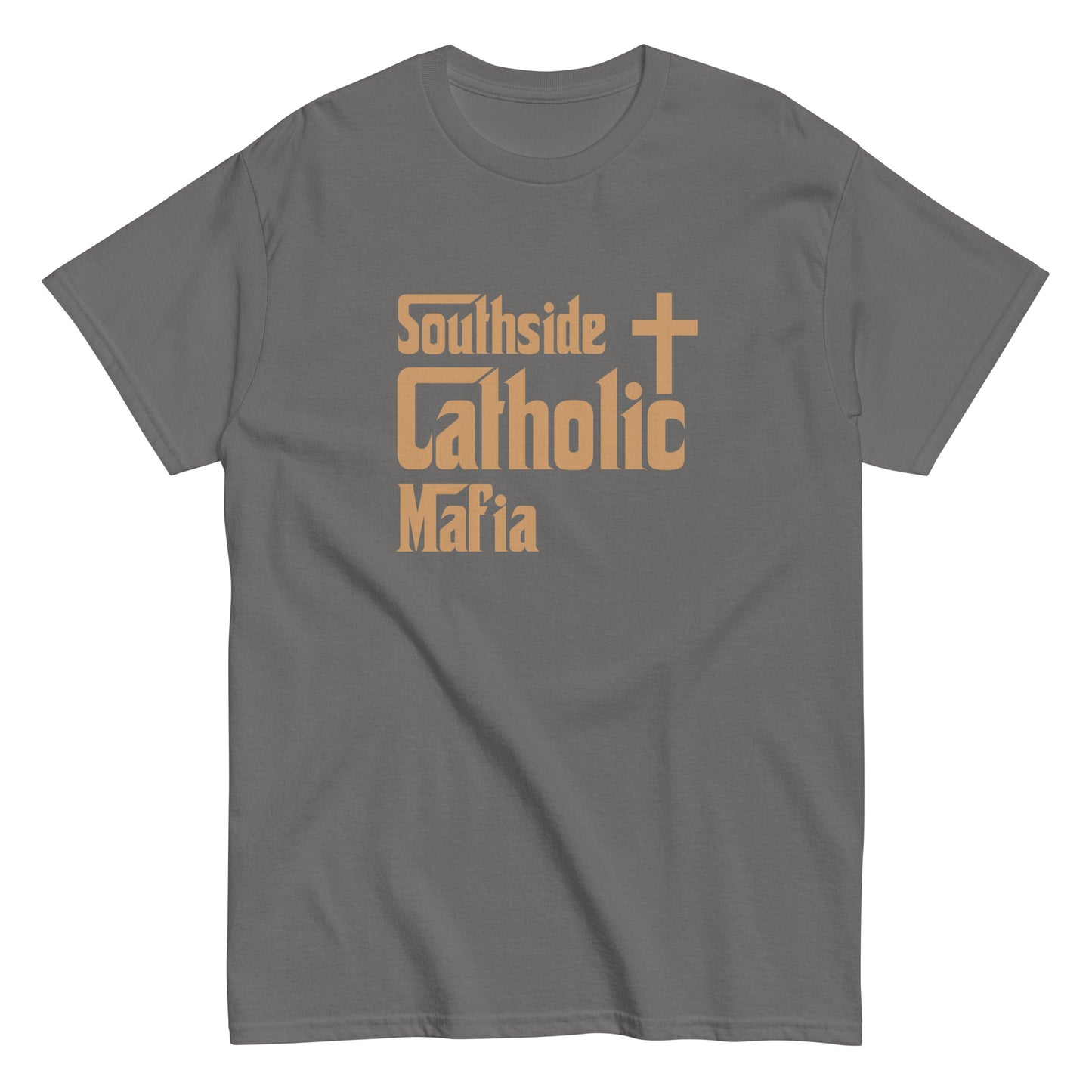 Men's classic tee: Southside Catholic Mafia (Tan Font) Click to explore more colors.
