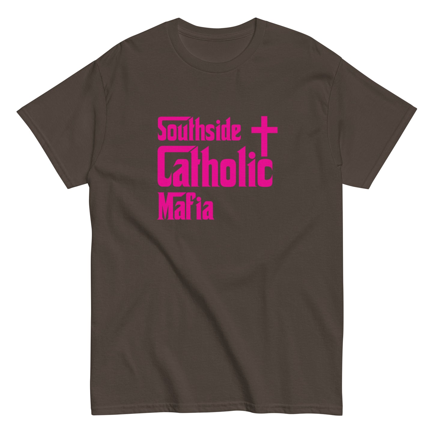 Men's classic tee: Southside Catholic Mafia (Hot Pink Font) Click to explore more colors.