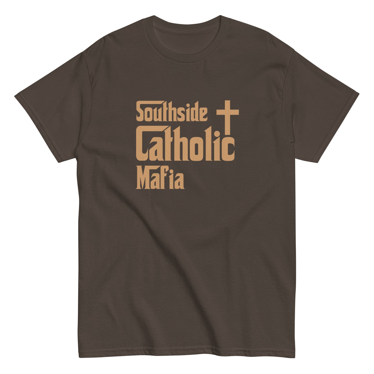 Men's classic tee: Southside Catholic Mafia (Tan Font) Click to explore more colors.