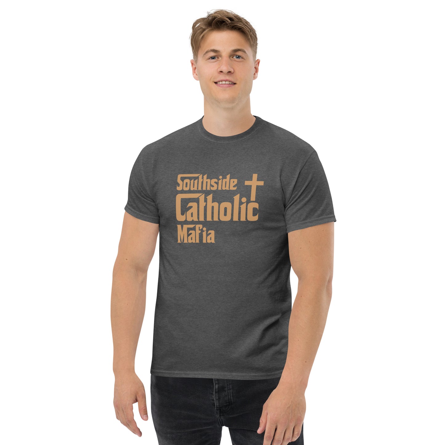Men's classic tee: Southside Catholic Mafia (Tan Font) Click to explore more colors.