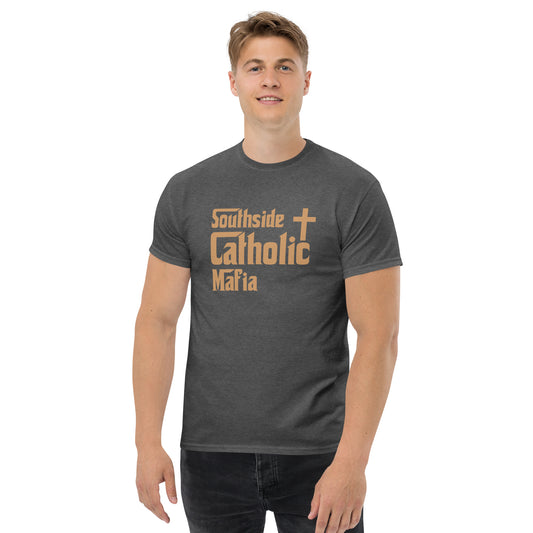 Men's classic tee: Southside Catholic Mafia (Tan Font) Click to explore more colors.