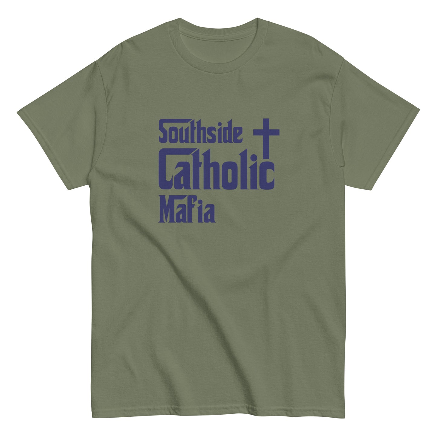 Men's classic tee: Southside Catholic Mafia (Navy Blue Font) Click to explore more colors.
