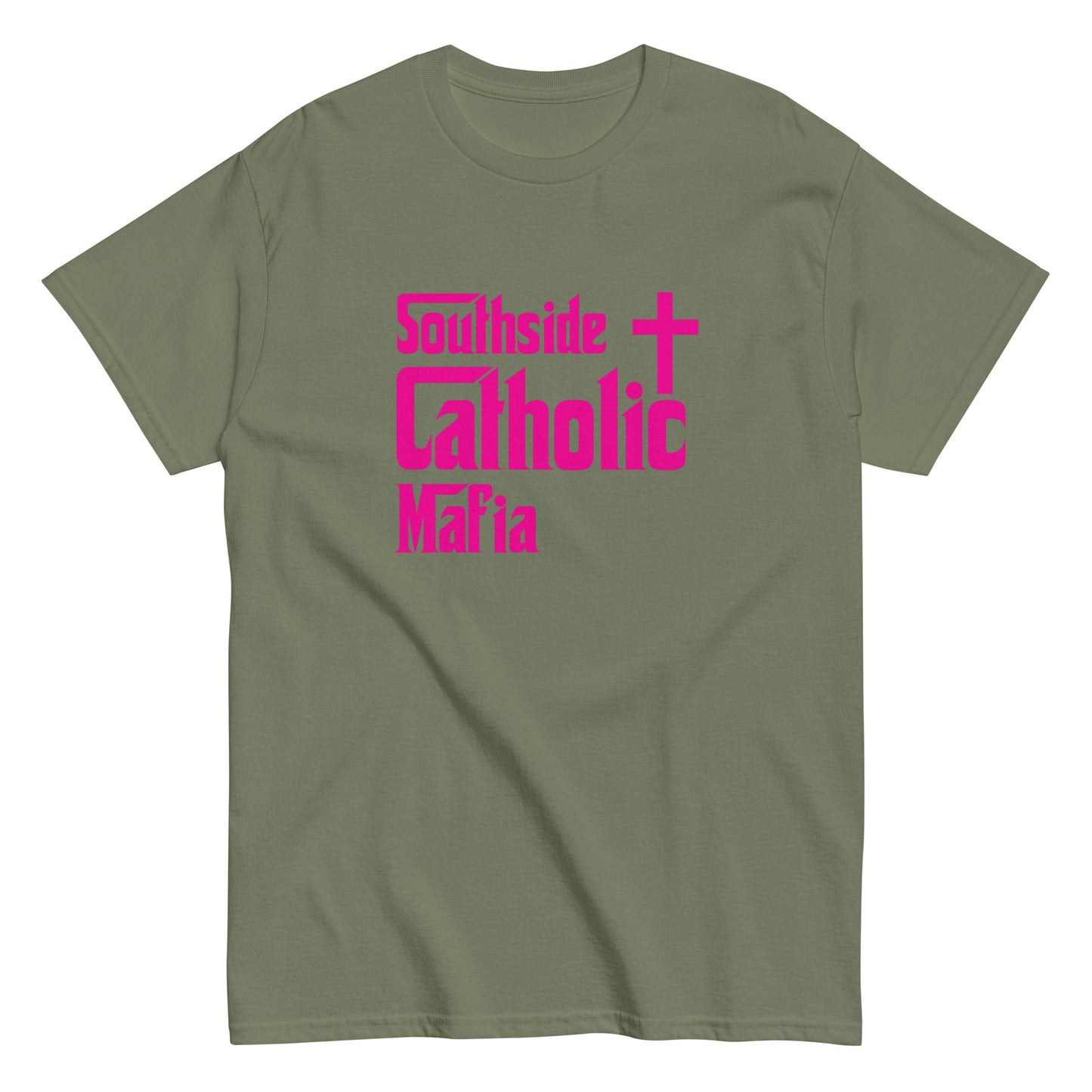 Men's classic tee: Southside Catholic Mafia (Hot Pink Font) Click to explore more colors.