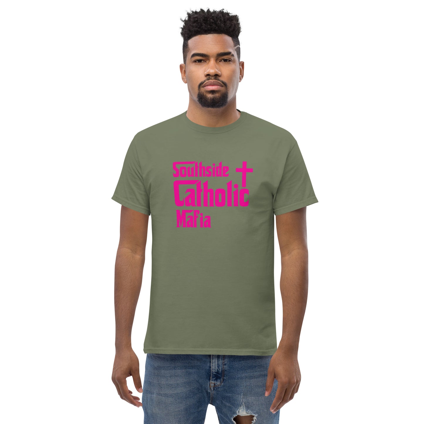 Men's classic tee: Southside Catholic Mafia (Hot Pink Font) Click to explore more colors.
