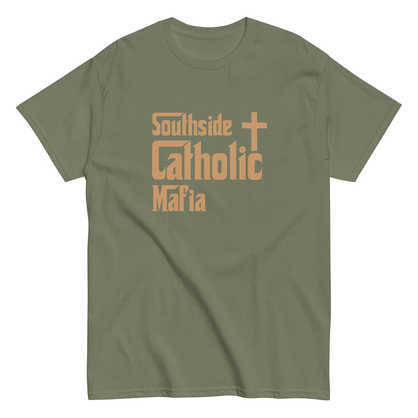 Men's classic tee: Southside Catholic Mafia (Tan Font) Click to explore more colors.