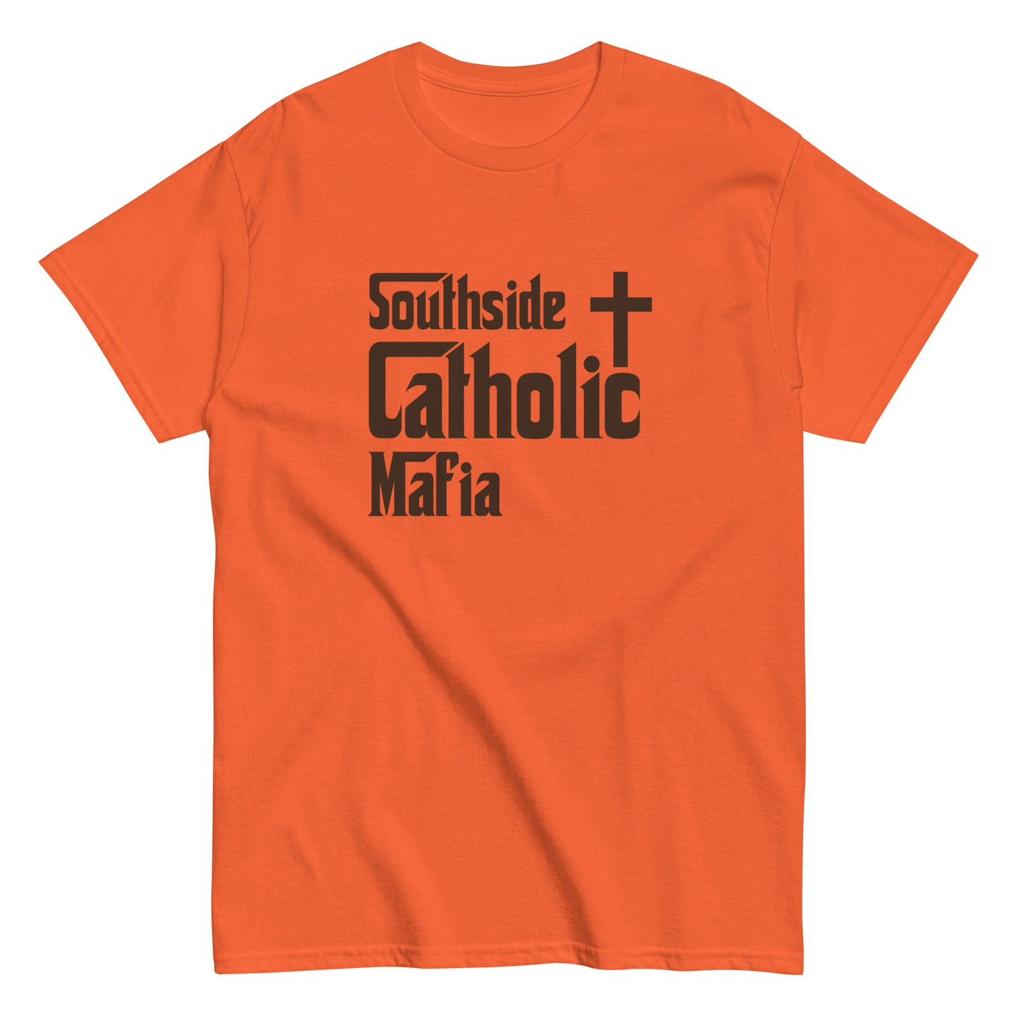 Men's classic tee: Southside Catholic Mafia (Brown Font) Click to explore more colors.