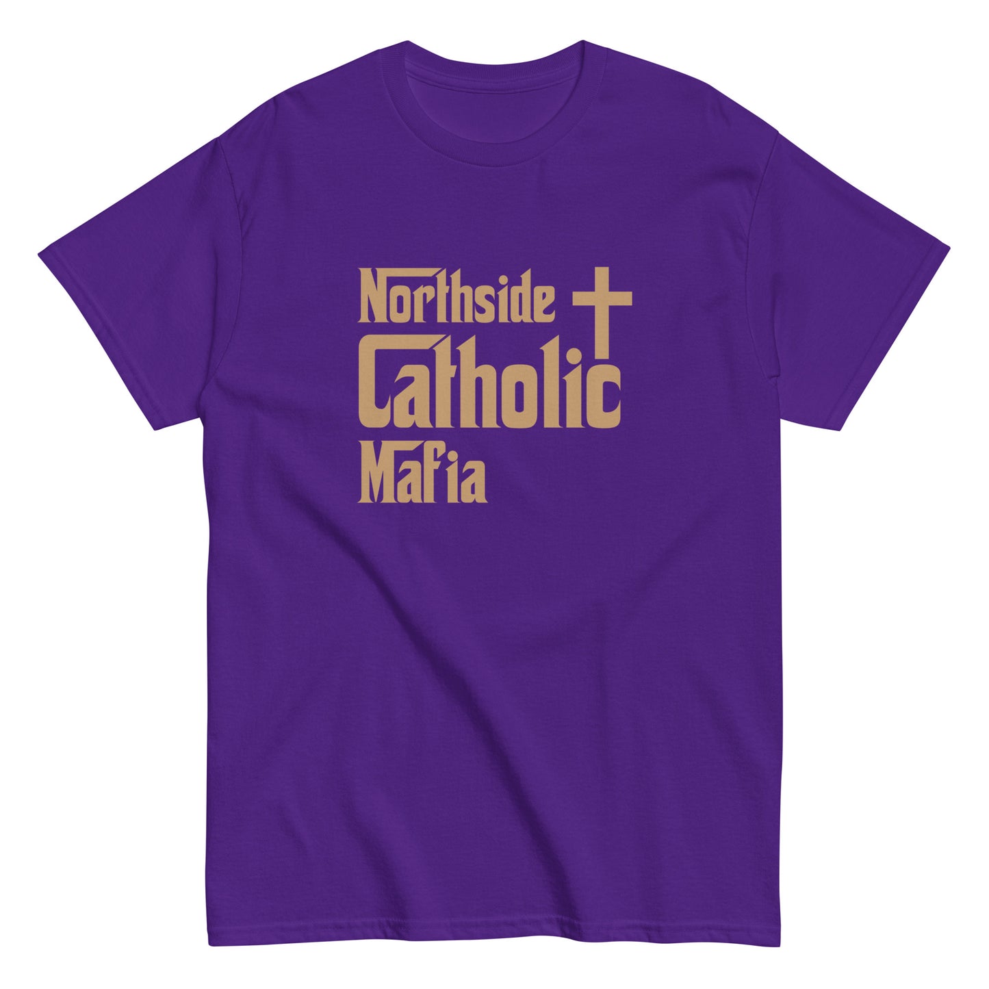 Men's classic tee: Northside Catholic Mafia (Tan Font) Click to explore more colors.