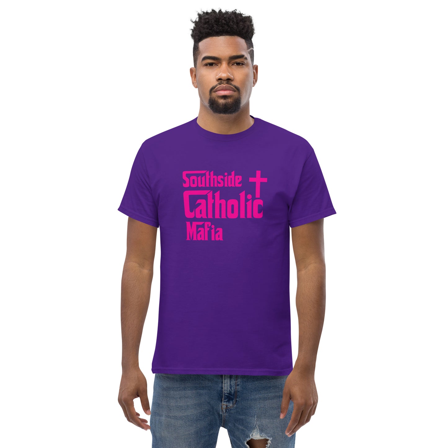 Men's classic tee: Southside Catholic Mafia (Hot Pink Font) Click to explore more colors.