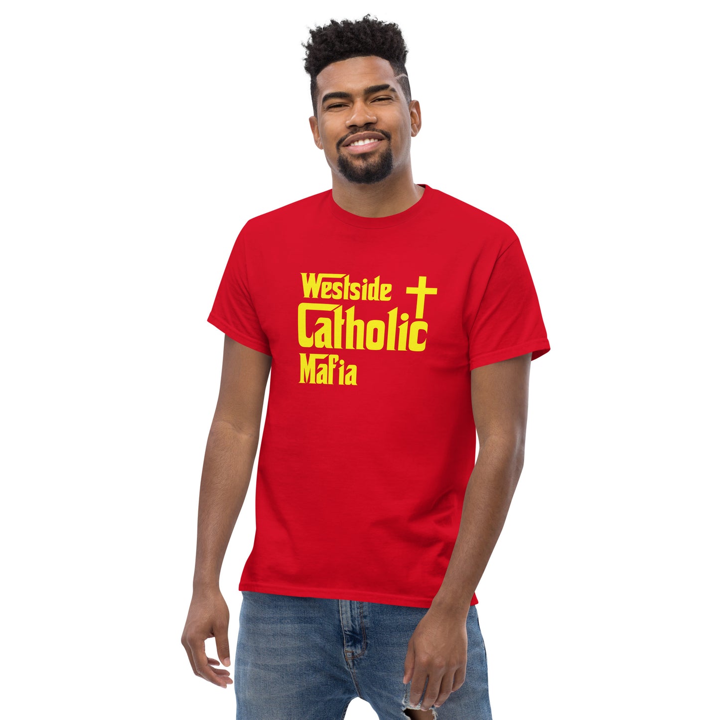 Men's classic tee: Westside Catholic Mafia (Yellow Font) Click to explore more colors.