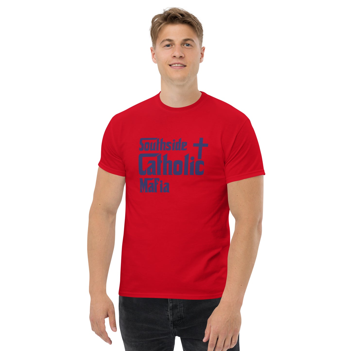 Men's classic tee: Southside Catholic Mafia (Navy Blue Font) Click to explore more colors.