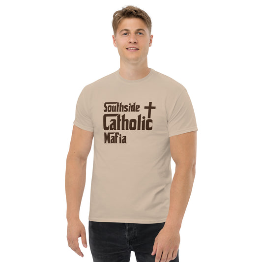 Men's classic tee: Southside Catholic Mafia (Brown Font) Click to explore more colors.