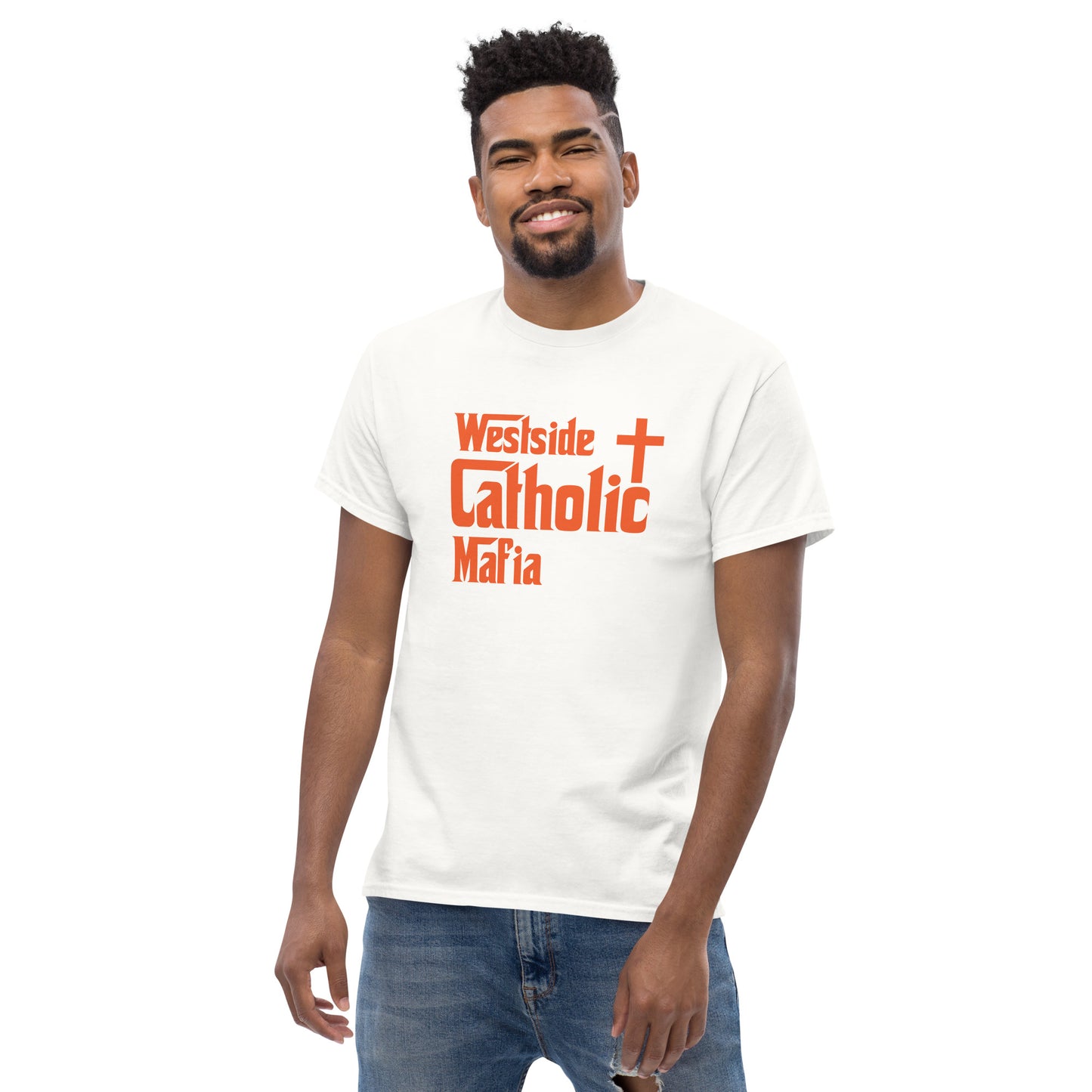Men's classic tee: Westside Catholic Mafia (Orange Font) Click to explore more colors.
