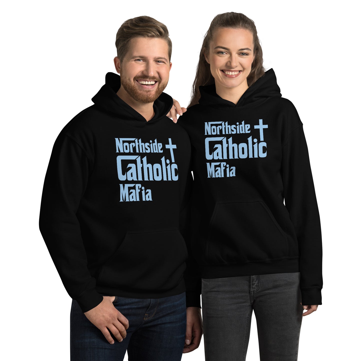 Unisex Hoodie: Northside Catholic Mafia (Baby Blue Font) Click to explore more colors.