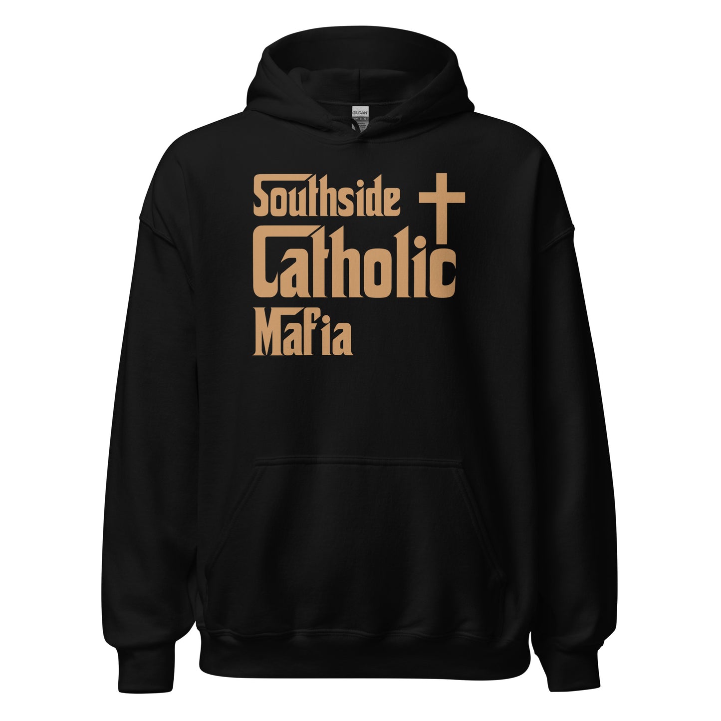 Unisex Hoodie: Southside Catholic Mafia (Tan Font) Click to explore more colors.