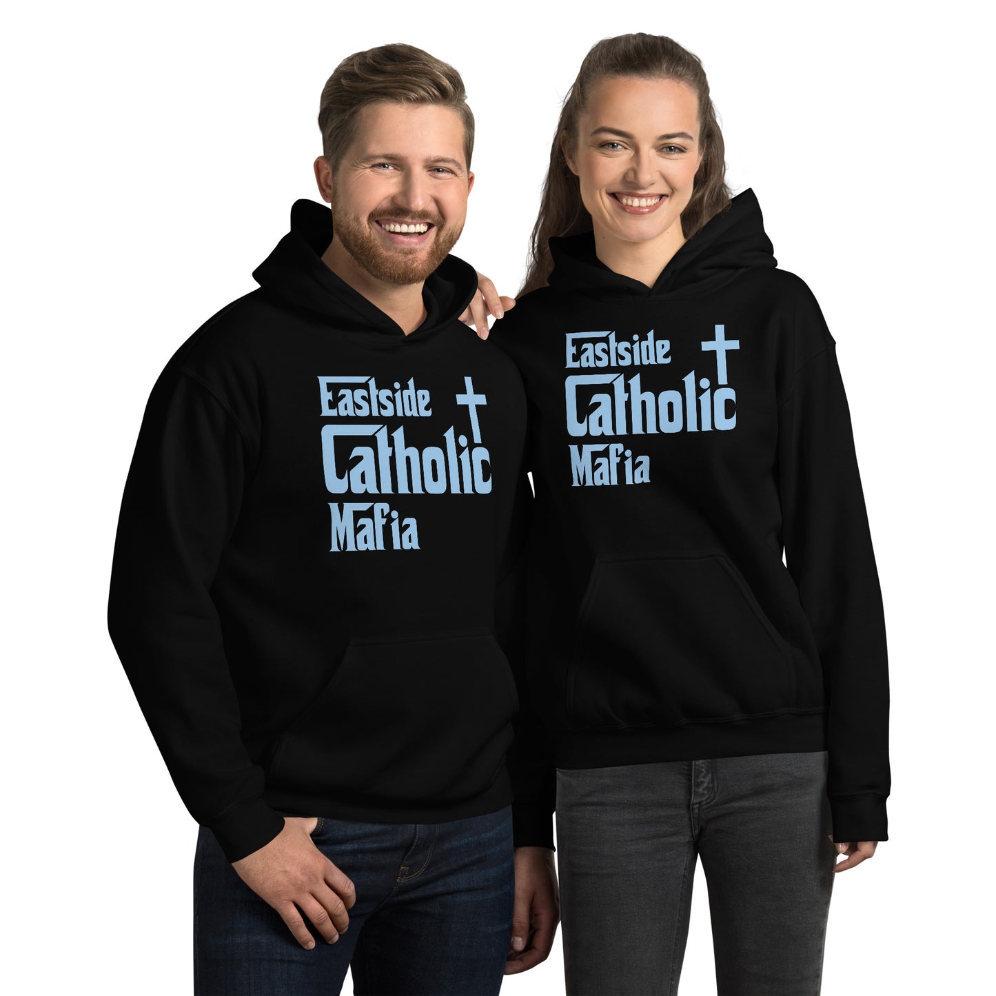 Unisex Hoodie: Eastside Catholic Mafia (Baby Blue Font) Click to explore more colors.